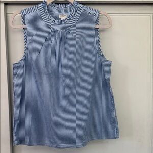 J. Crew Blue and White Striped Sleeveless Ruffle-Neck Top